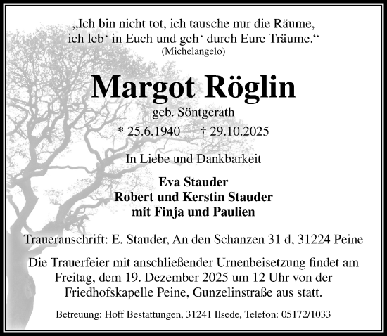 Traueranzeige von Margot Röglin von Peiner Allgemeine Zeitung