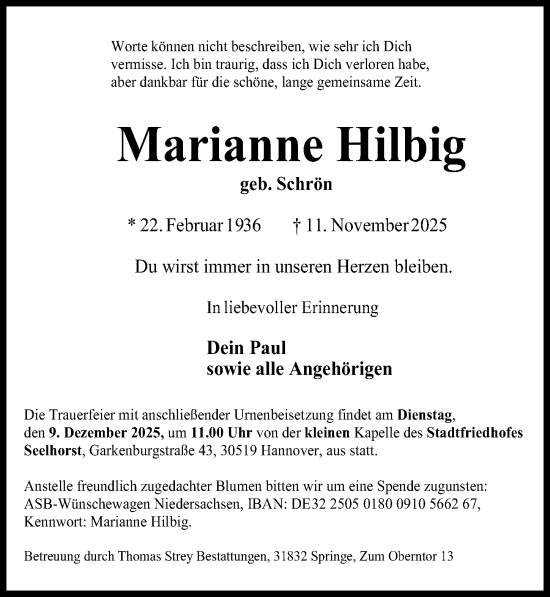 Traueranzeige von Marianne Hilbig von Hannoversche Allgemeine Zeitung/Neue Presse