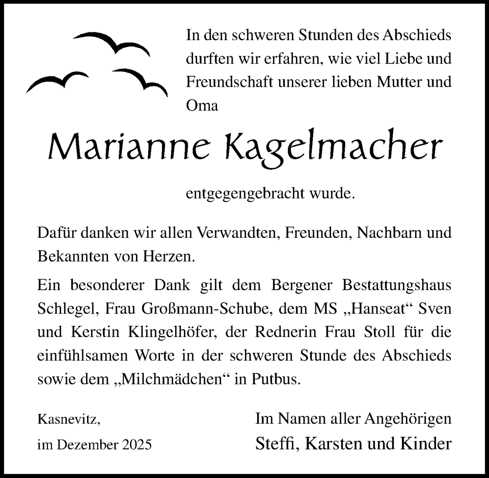  Traueranzeige für Marianne Kagelmacher vom 20.12.2025 aus Ostsee-Zeitung GmbH