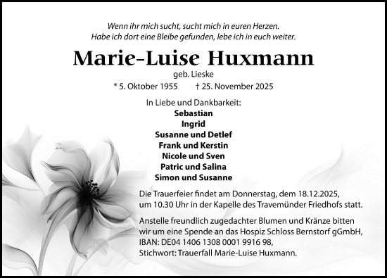Traueranzeige von Marie-Luise Huxmann von Lübecker Nachrichten