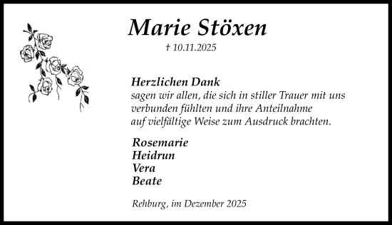 Traueranzeige von Marie Stöxen von Die Harke