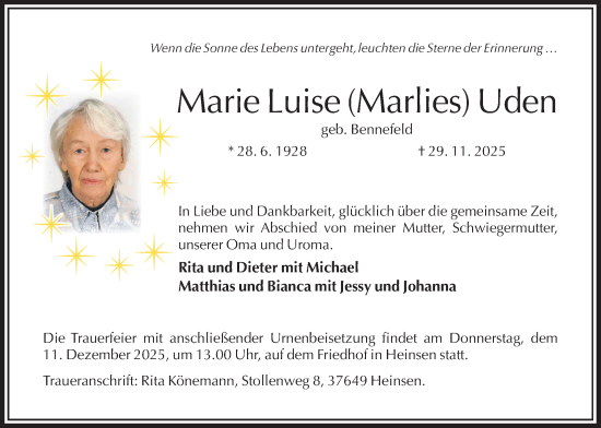 Traueranzeige von Marie Luise Uden von Täglicher Anzeiger Holzminden