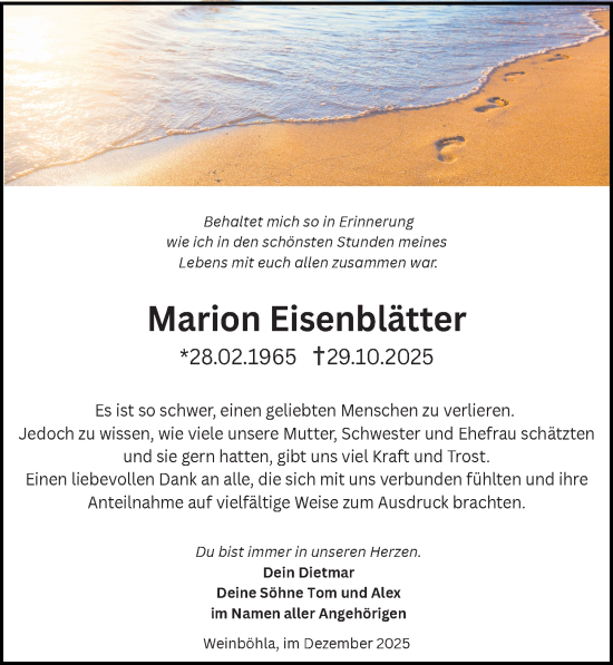 Traueranzeige von Marion Eisenblätter von Sächsische Zeitung