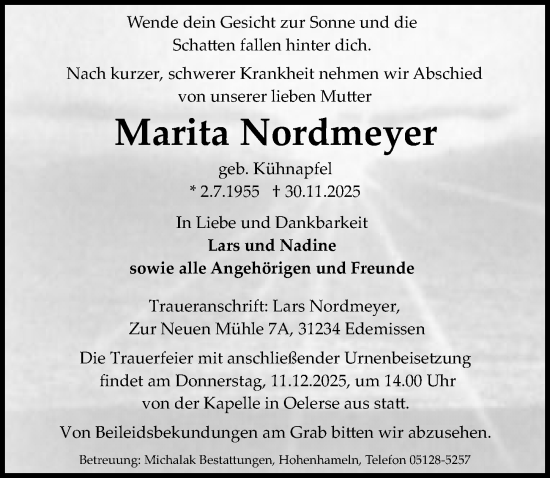 Traueranzeige von Marita Nordmeyer von Peiner Allgemeine Zeitung
