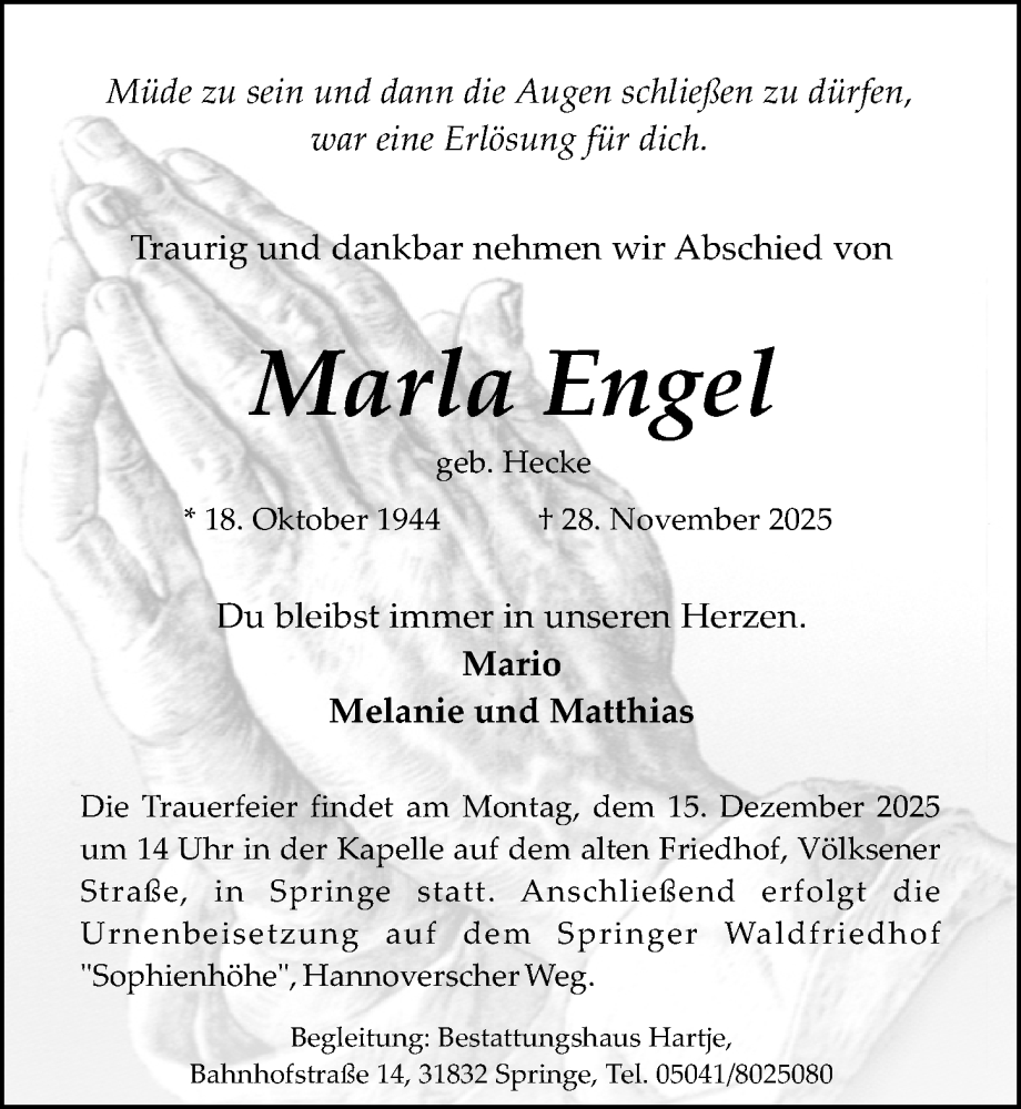  Traueranzeige für Marla Engel vom 06.12.2025 aus Hannoversche Allgemeine Zeitung/Neue Presse