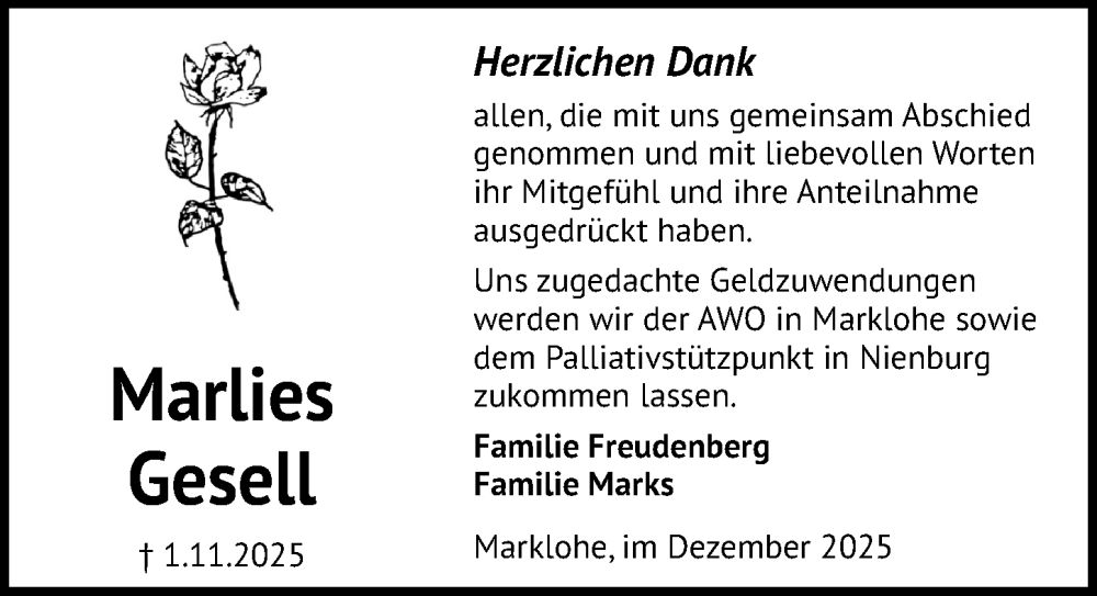  Traueranzeige für Marlies Gesell vom 06.12.2025 aus Die Harke