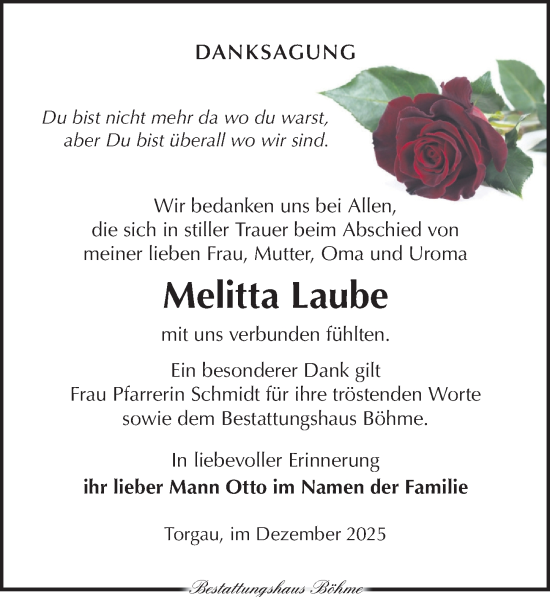 Traueranzeige von Melitta Laube von Torgauer Zeitung