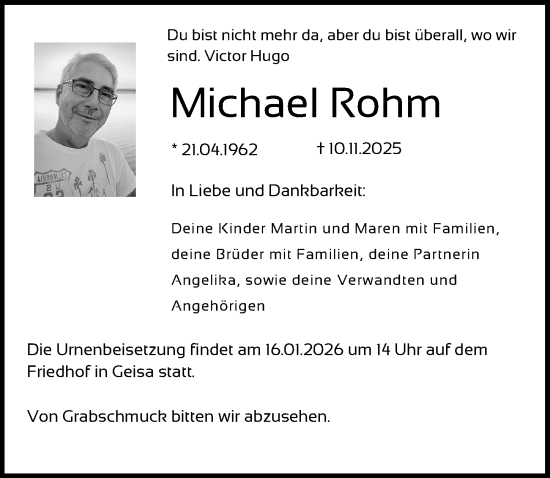 Traueranzeige von Michael Rohm von Leipziger Volkszeitung