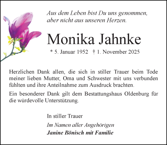 Traueranzeige von Monika Jahnke von Wochenspiegel