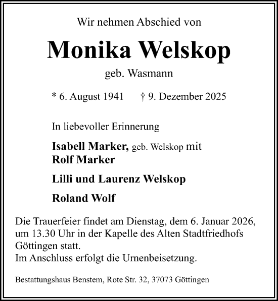 Traueranzeige von Monika Welskop von Göttinger Tageblatt