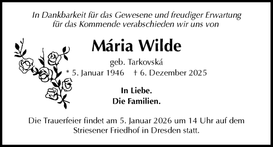 Traueranzeige von Mária Wilde von Sächsische Zeitung