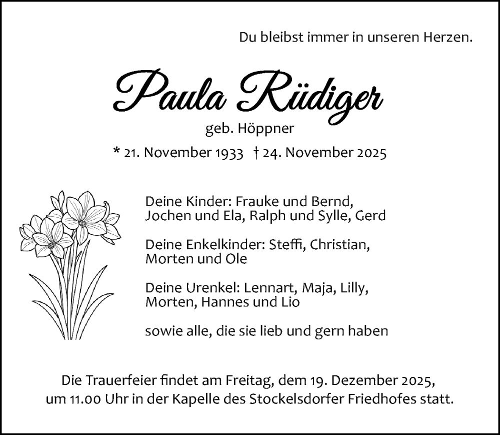  Traueranzeige für Paula Rüdiger vom 07.12.2025 aus Lübecker Nachrichten