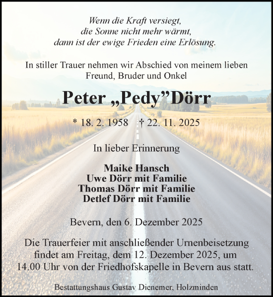 Traueranzeige von Peter Dörr von Täglicher Anzeiger Holzminden