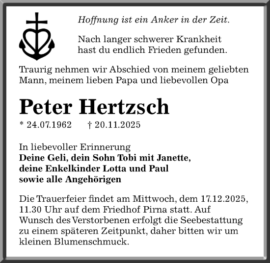 Traueranzeige von Peter Hertzsch von Sächsische Zeitung