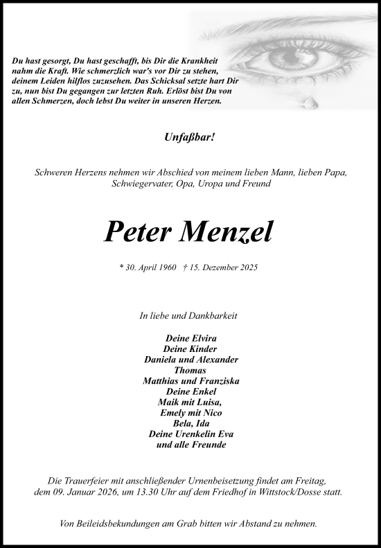 Traueranzeige von Peter Menzel von Wochenspiegel