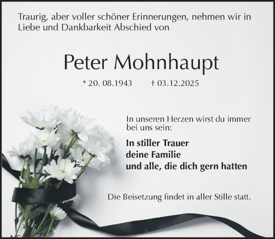 Traueranzeige von Peter Mohnhaupt von Täglicher Anzeiger Holzminden