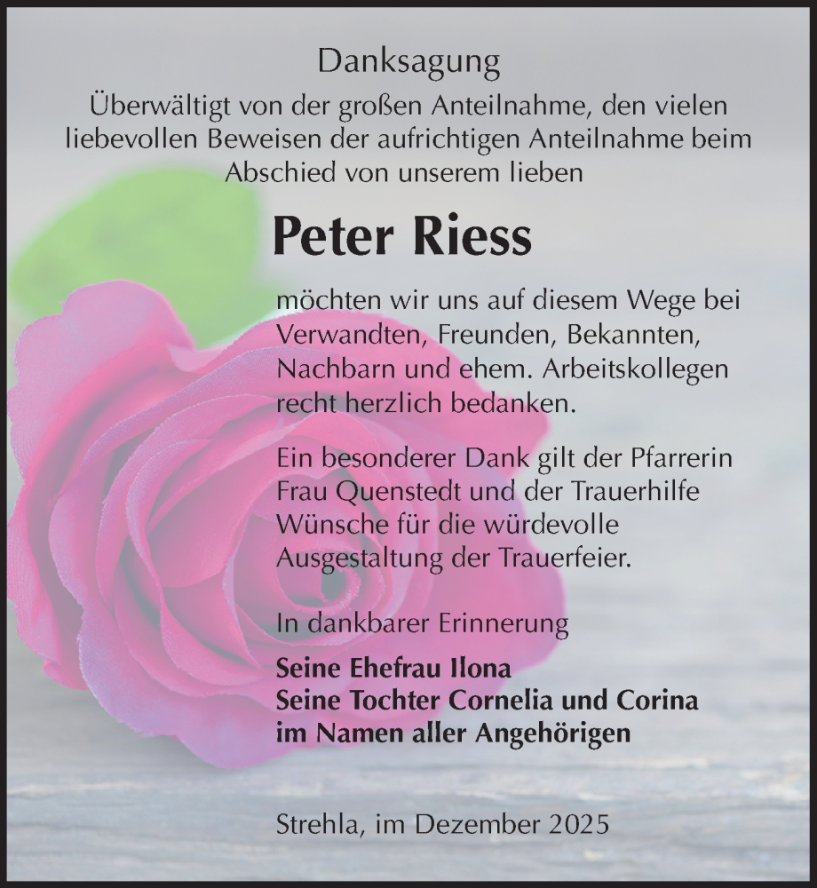  Traueranzeige für Peter Riess vom 20.12.2025 aus Sächsische Zeitung