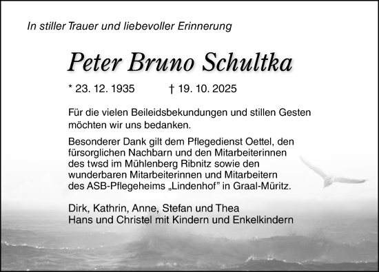 Traueranzeige von Peter Bruno Schultka von Ostsee-Zeitung GmbH