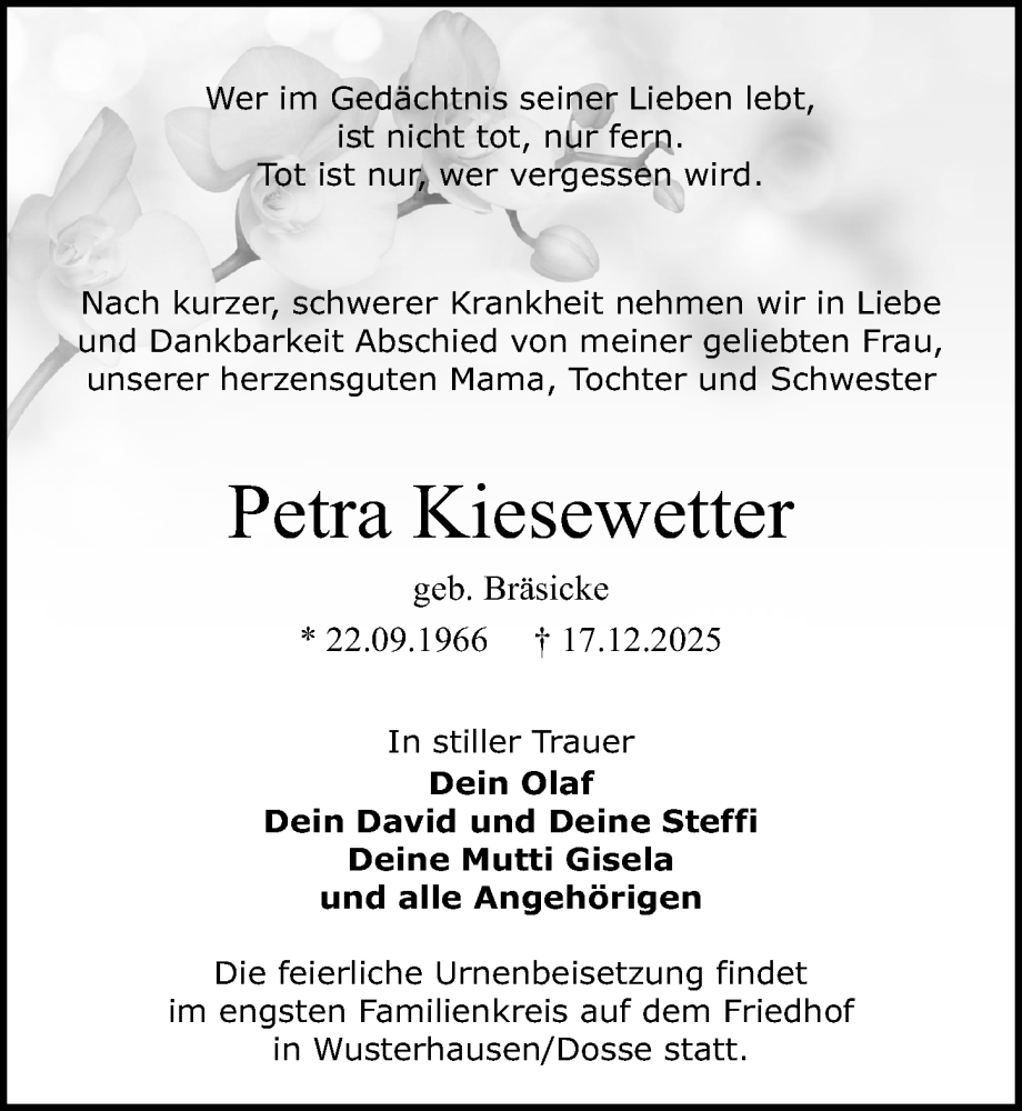  Traueranzeige für Petra Kiesewetter vom 27.12.2025 aus Wochenspiegel