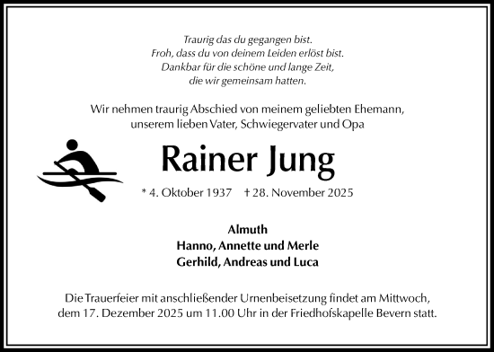 Traueranzeige von Rainer Jung von Täglicher Anzeiger Holzminden