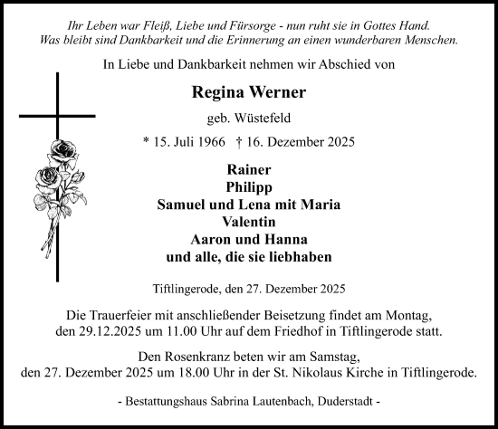 Traueranzeige von Regina Werner von Eichsfelder Tageblatt