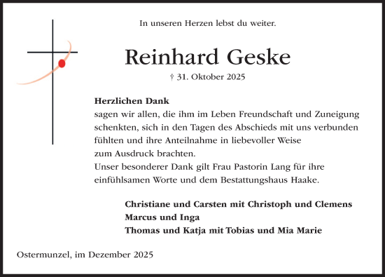 Traueranzeige von Reinhard Geske von Hannoversche Allgemeine Zeitung/Neue Presse