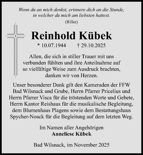 Traueranzeige von Reinhold Kübek von Wochenspiegel