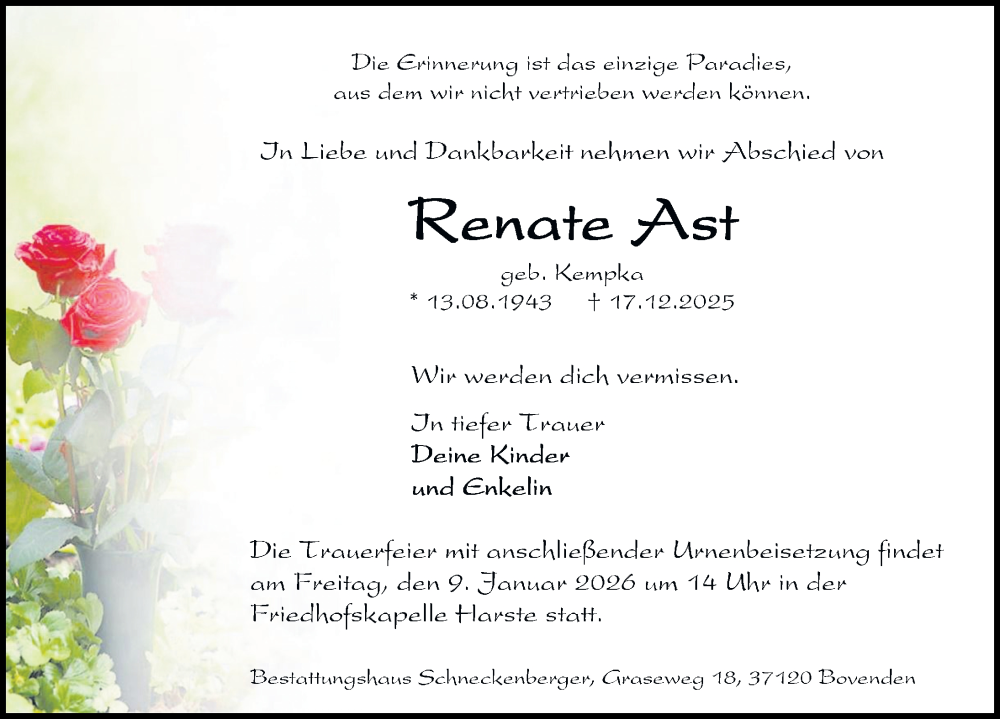  Traueranzeige für Renate Ast vom 27.12.2025 aus Göttinger Tageblatt