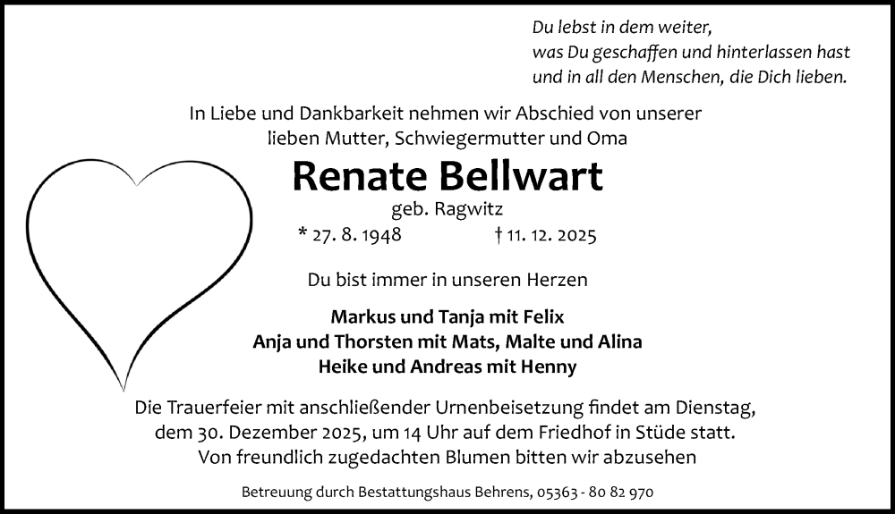  Traueranzeige für Renate Bellwart vom 20.12.2025 aus Aller Zeitung