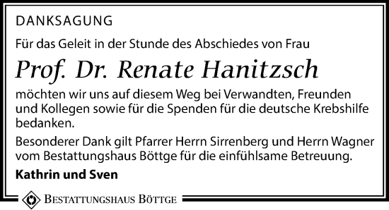 Traueranzeige von Renate Hanitzsch von Leipziger Volkszeitung
