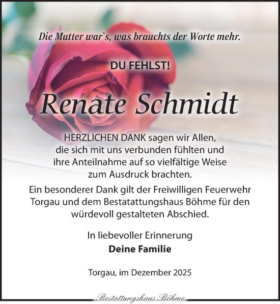 Traueranzeige von Renate Schmidt von Torgauer Zeitung