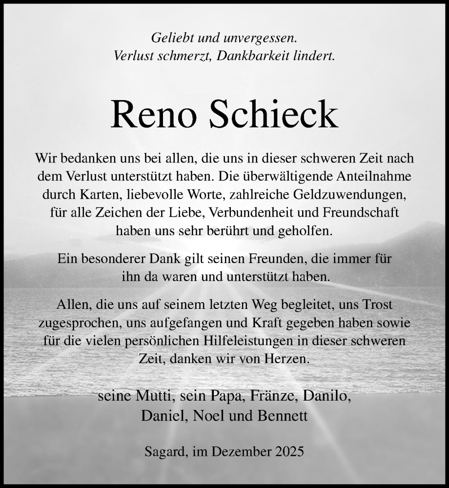  Traueranzeige für Reno Schieck vom 13.12.2025 aus Ostsee-Zeitung GmbH