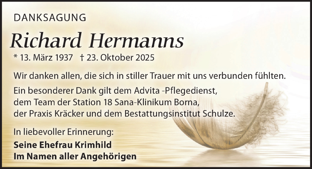  Traueranzeige für Richard Hermanns vom 06.12.2025 aus Leipziger Volkszeitung