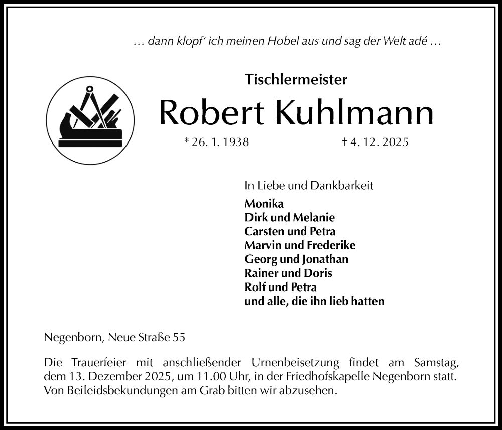  Traueranzeige für Robert Kuhlmann vom 06.12.2025 aus Täglicher Anzeiger Holzminden