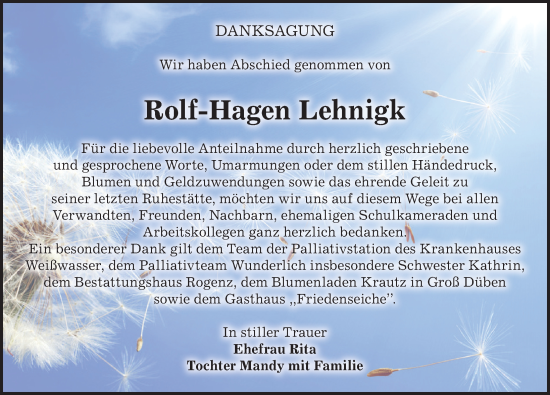 Traueranzeige von Rolf-Hagen Lehnigk von Sächsische Zeitung