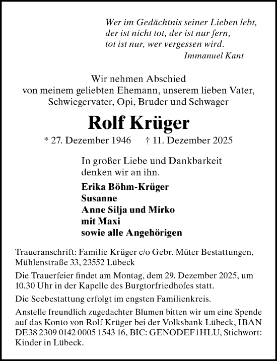 Traueranzeige von Rolf Krüger von Lübecker Nachrichten