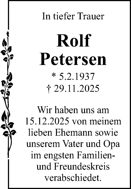 Traueranzeige von Rolf Petersen von Lübecker Nachrichten