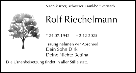 Traueranzeige von Rolf Riechelmann von Peiner Allgemeine Zeitung