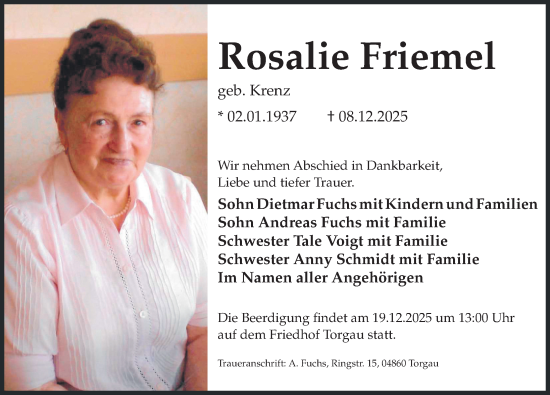 Traueranzeige von Rosalie Friemel von Torgauer Zeitung