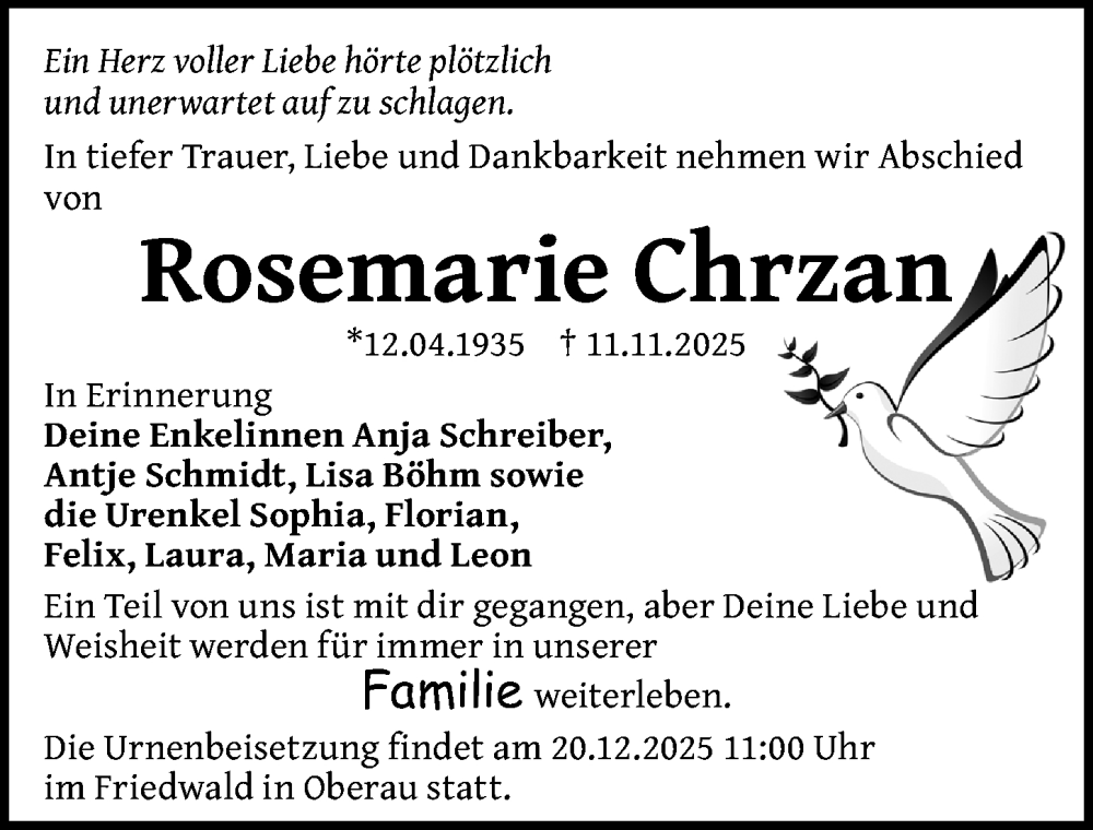  Traueranzeige für Rosemarie Chrzan vom 06.12.2025 aus Sächsische Zeitung