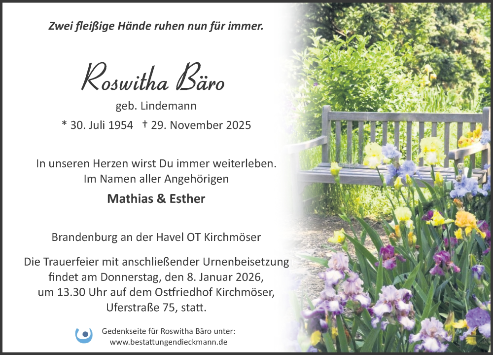  Traueranzeige für Roswitha Bäro vom 13.12.2025 aus Märkischen Allgemeine Zeitung