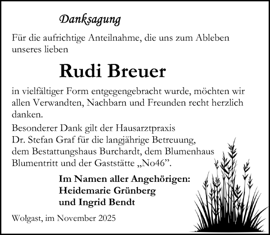 Traueranzeige von Rudi Breuer von Ostsee-Zeitung GmbH