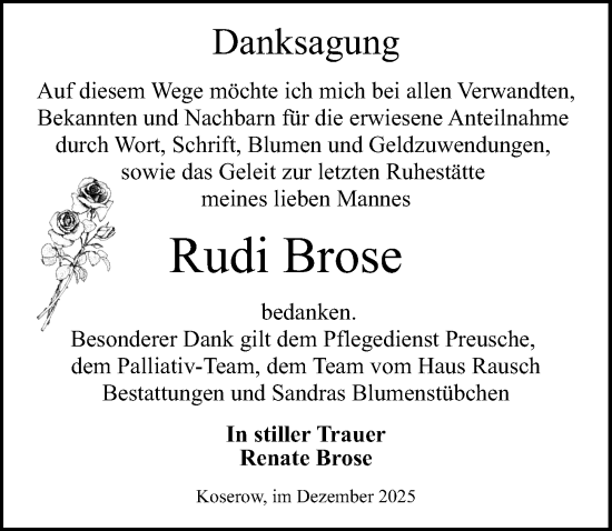 Traueranzeige von Rudi Brose von Ostsee-Zeitung GmbH
