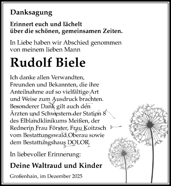 Traueranzeige von Rudolf Biele von Sächsische Zeitung