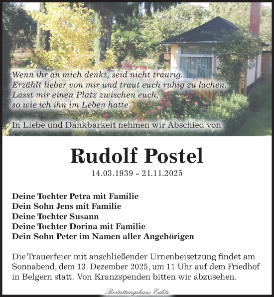 Traueranzeige von Rudolf Postel von Torgauer Zeitung