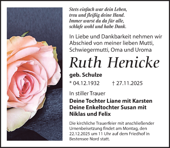 Traueranzeige von Ruth Henicke von Märkischen Allgemeine Zeitung