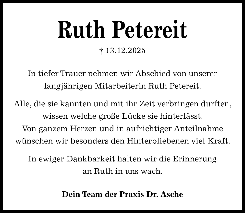  Traueranzeige für Ruth Petereit vom 20.12.2025 aus Kieler Nachrichten