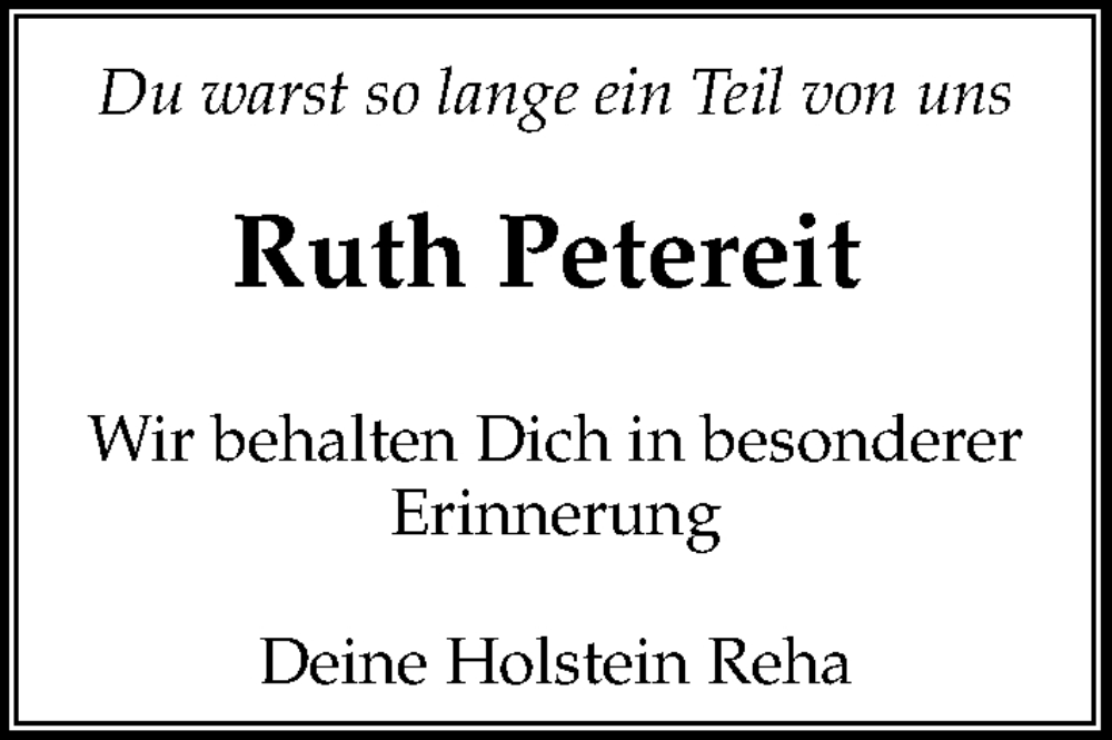  Traueranzeige für Ruth Petereit vom 20.12.2025 aus Kieler Nachrichten