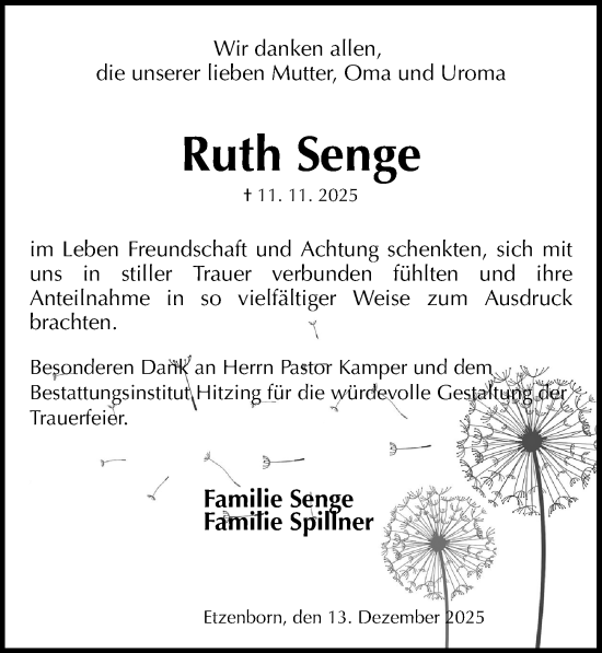 Traueranzeige von Ruth Senge von Göttinger Tageblatt