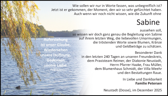 Traueranzeige von Sabine Petersen von Wochenspiegel